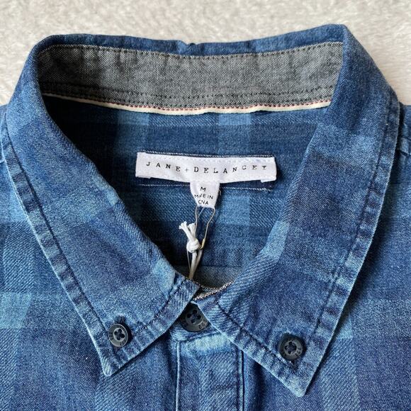 Jane + Delancey Windowpane Plaid Shirt Men M Vintage Washed Blue Button Down NWT - Picture 5 of 11